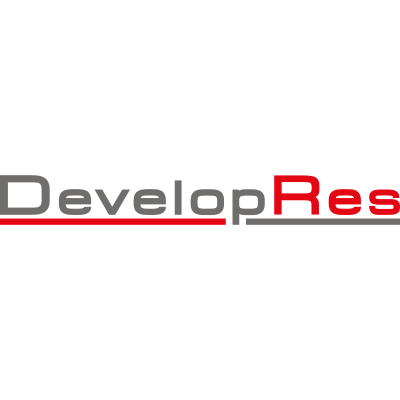 Logo DevelopRes Rzeszów na tle hali widowiskowej Podpromie