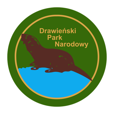 Logo Drawieńskiego Parku Narodowego — wydra na tle wody i napis Drawieński Park Narodowy