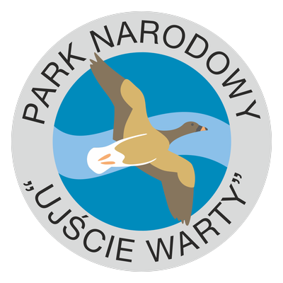 Logo Parku Narodowego Ujście Warty — gęś nad rzeką w niebieskim kole z napisem