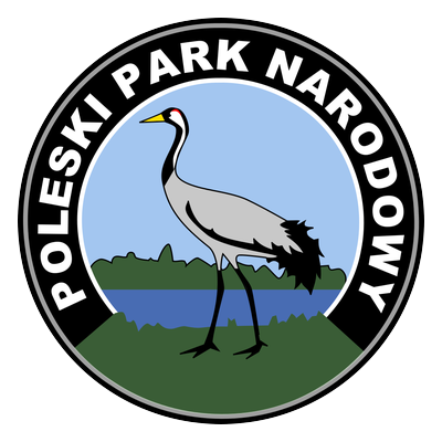Logo Poleskiego Parku Narodowego — żuraw na tle rozlewiska w kole z napisem