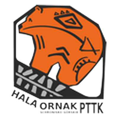 Logo Schroniska Górskiego PTTK na Hali Ornak — głowa niedźwiedzia w pomarańczowym znaku