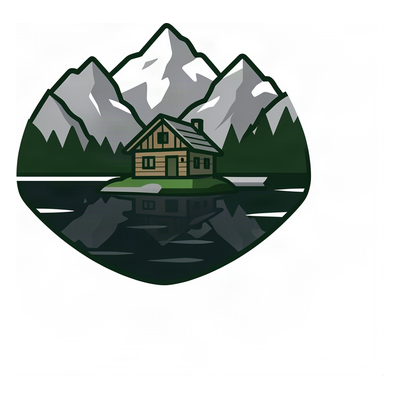 Logo Schroniska PTTK Morskie Oko — drewniana chatka nad taflą górskiego jeziora
