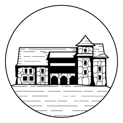 Logo schroniska PTTK Murowaniec — drewniany budynek na tle tatrzańskich szczytów