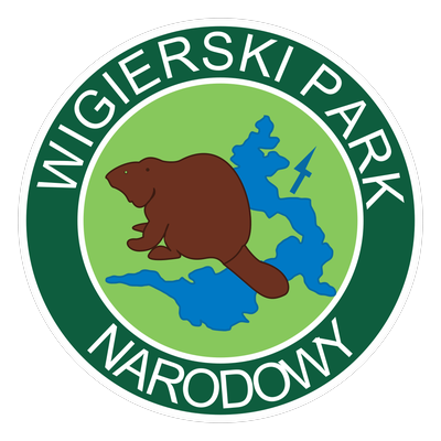 Logo Wigierskiego Parku Narodowego — bobr na tle jeziora Wigry w zielonym kole